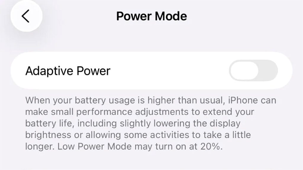 Modo de bateria adaptativo - iOS 26 Beta