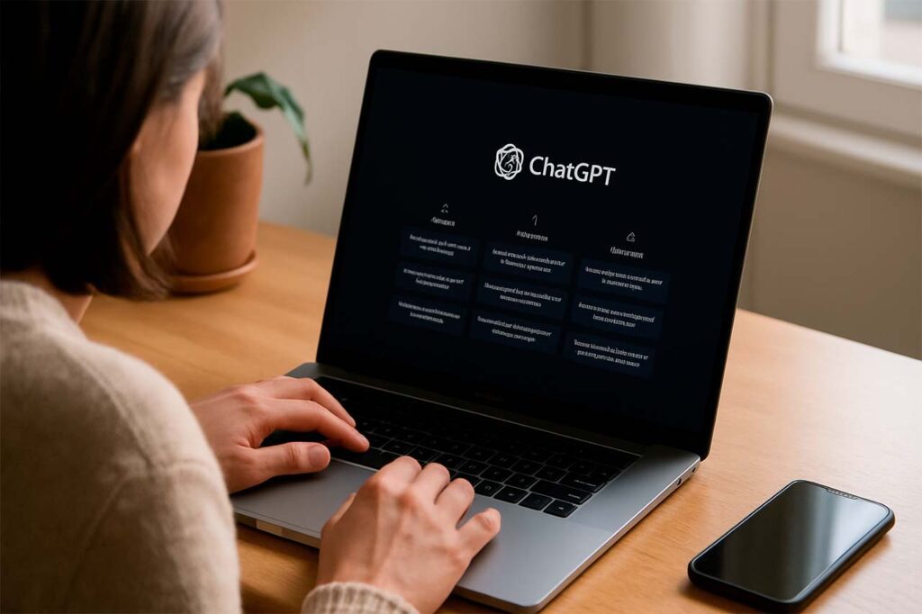 Mulher usando ChatGPT em notebook