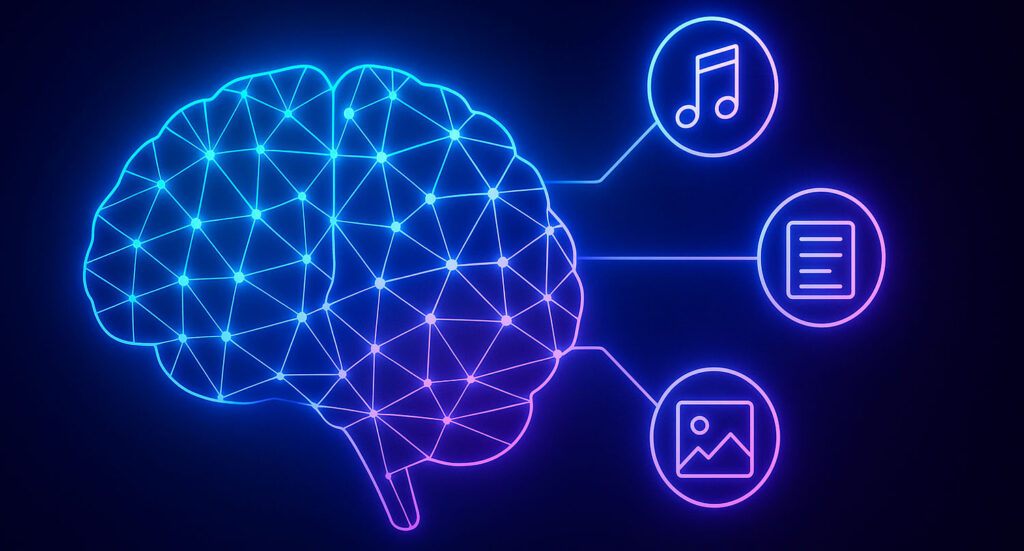 Cérebro de Inteligência Artificial criando conteúdos diversos