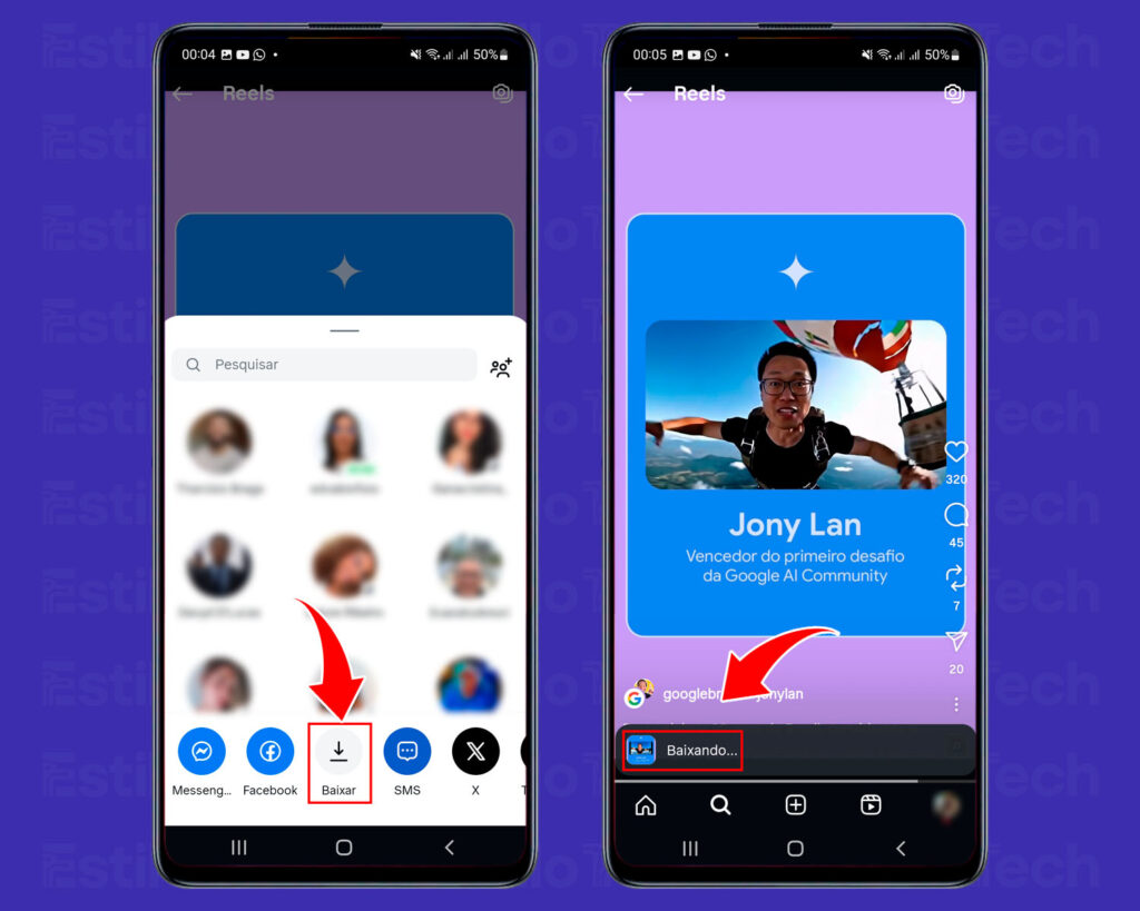 Clicando no botão "Baixar" em reel no Instagram