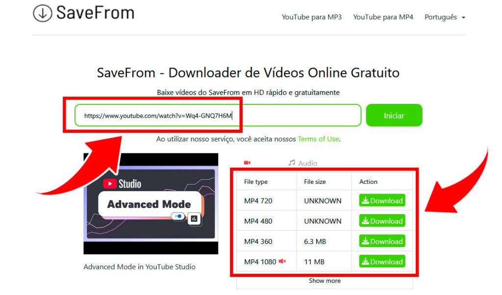 Colando link de vídeo no SaveFrom e escolhendo qualidade