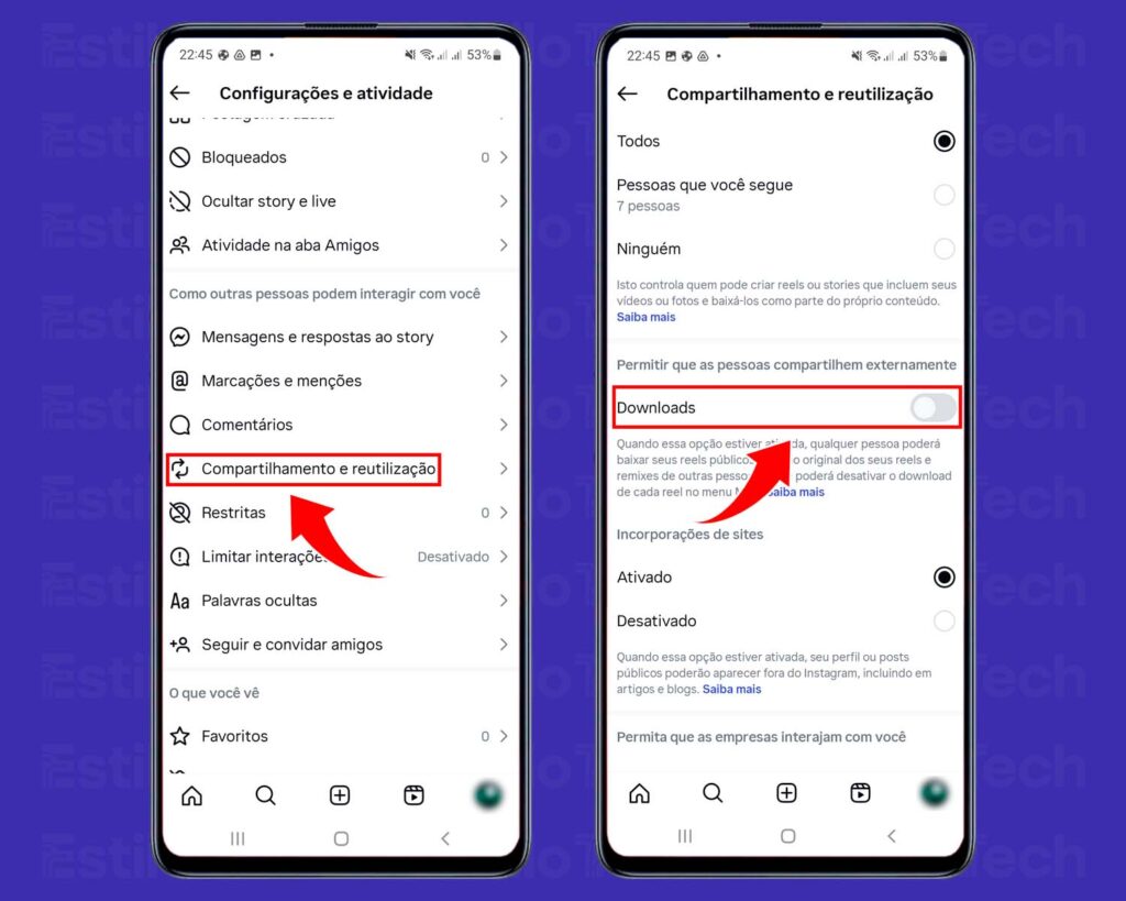 Desativando permissão de downloads dos seus Reels no Instagram
