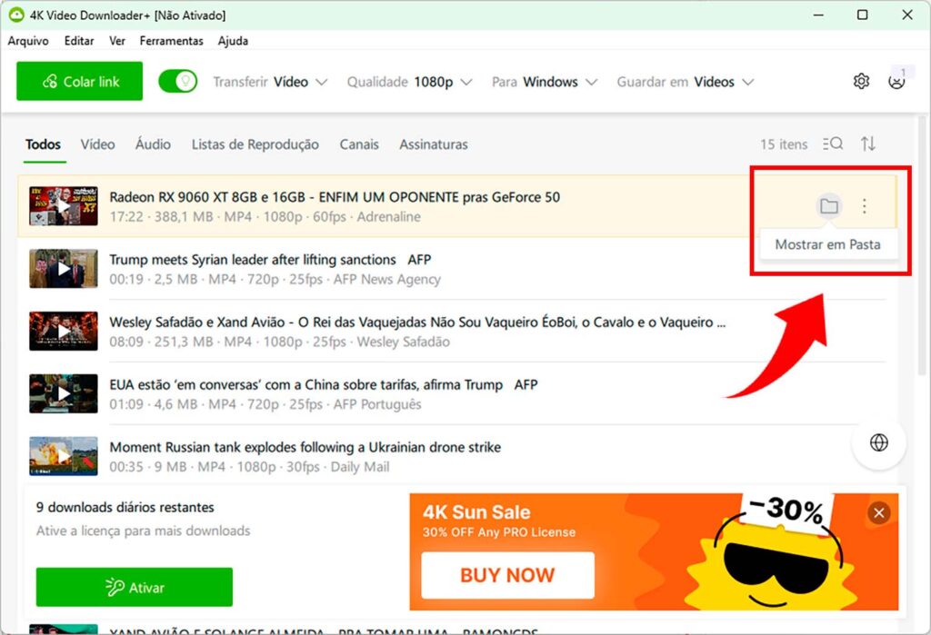 Função "Mostrar na pasta" no 4K Video Downloader