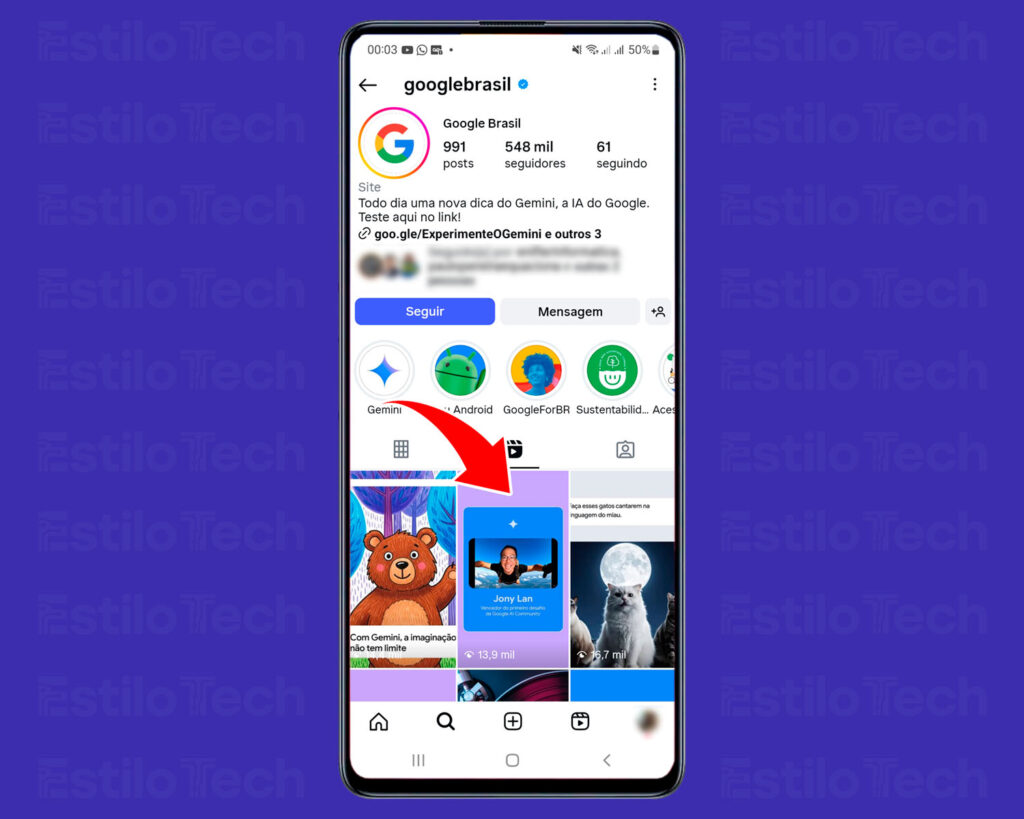 Localizando reel em perfil no Instagram