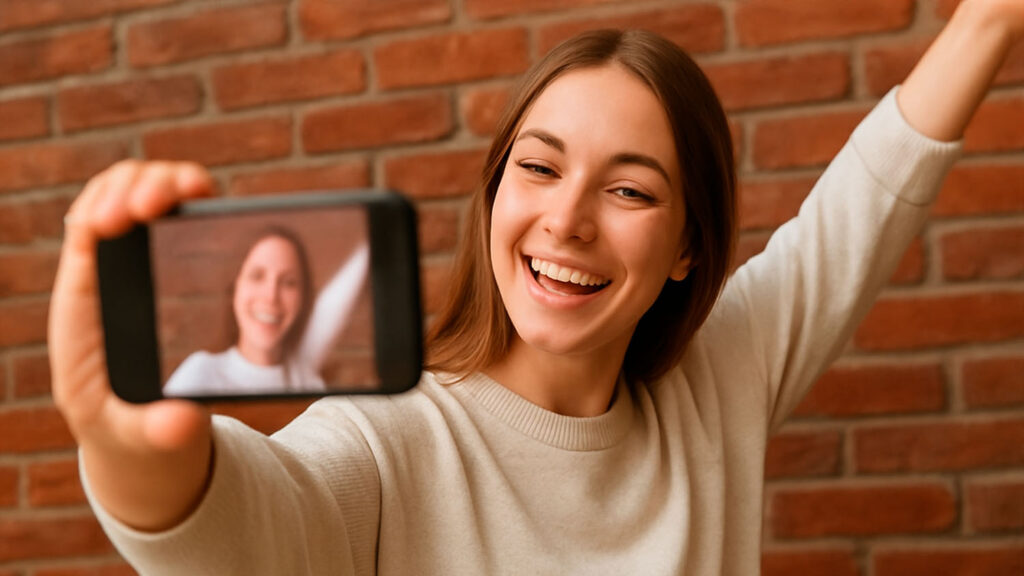 Mulher se auto filmando com smartphone