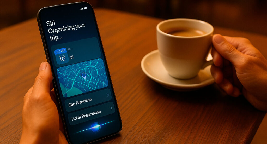 Nova Siri planejando uma viagem em um smartphone