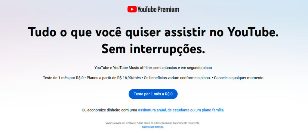 Página oficial do Youtube Premium