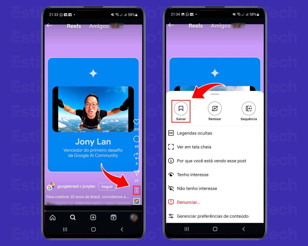 Usando botão "Salvar" em reel no Instagram