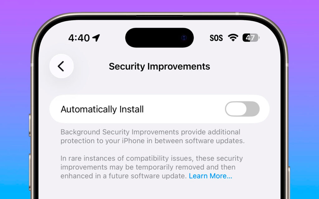 Botão de atualizações automáticas de segurança no iOS 26.1 Beta 2