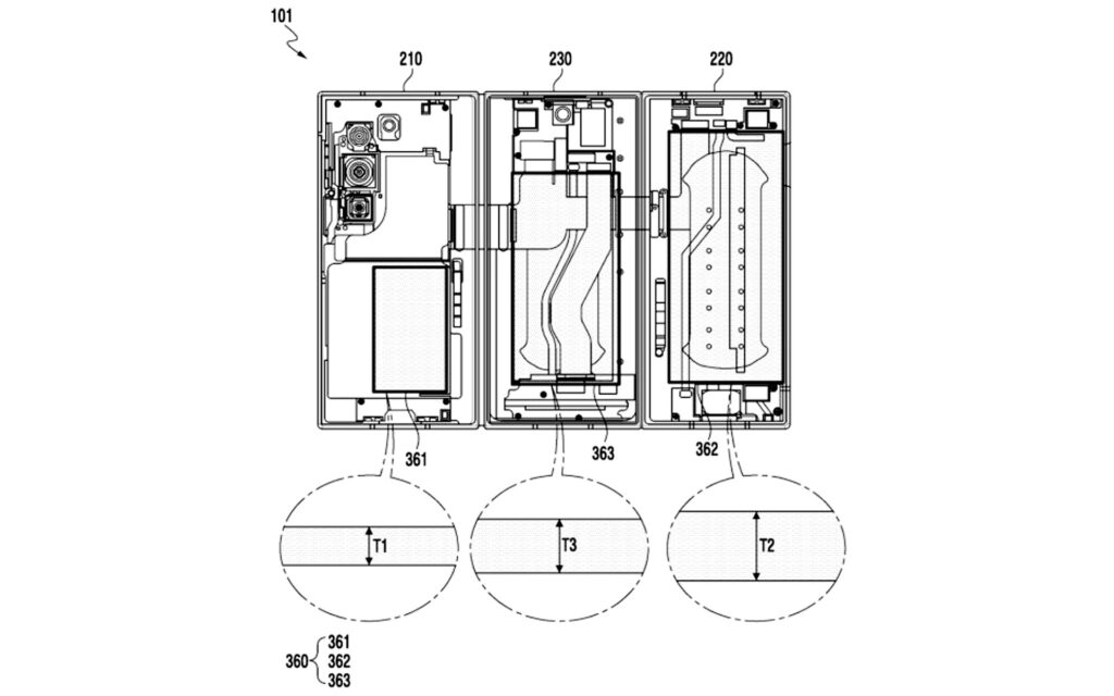 Desenho de três baterias em patente do Galaxy Z TriFold