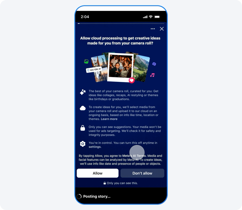 Tela de permissão para IA do Facebook acessar galera de fotos