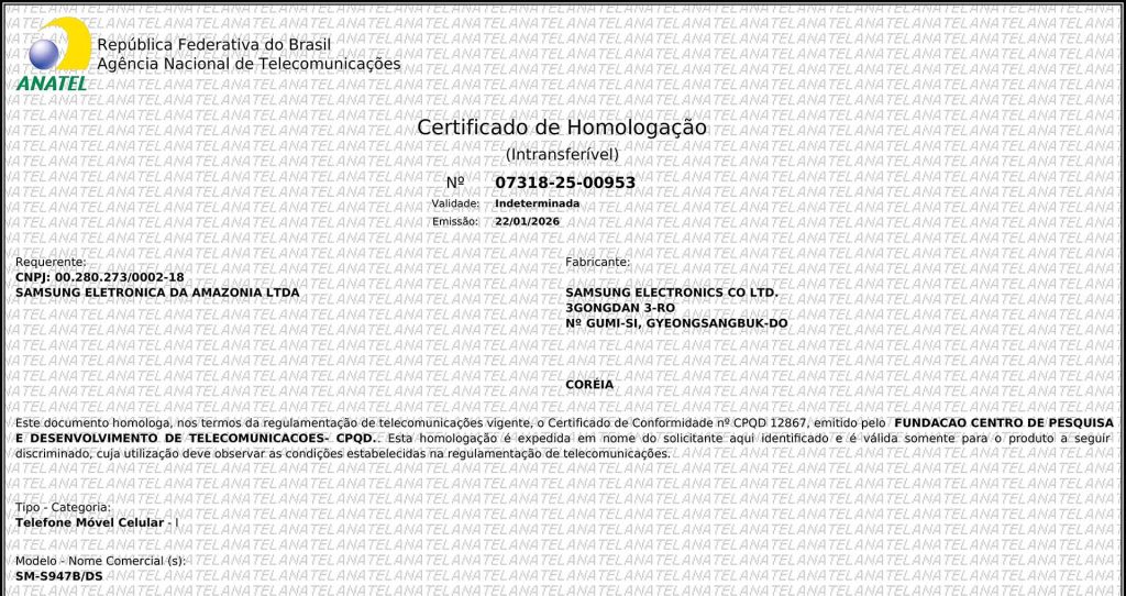 Certificado de homologação do S26 Plus (SM-S947B/DS)