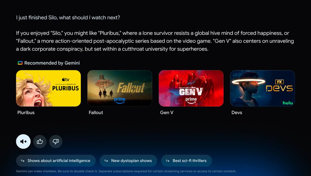 Gemini recomenda filmes e séries parecidas com os que você assitiu