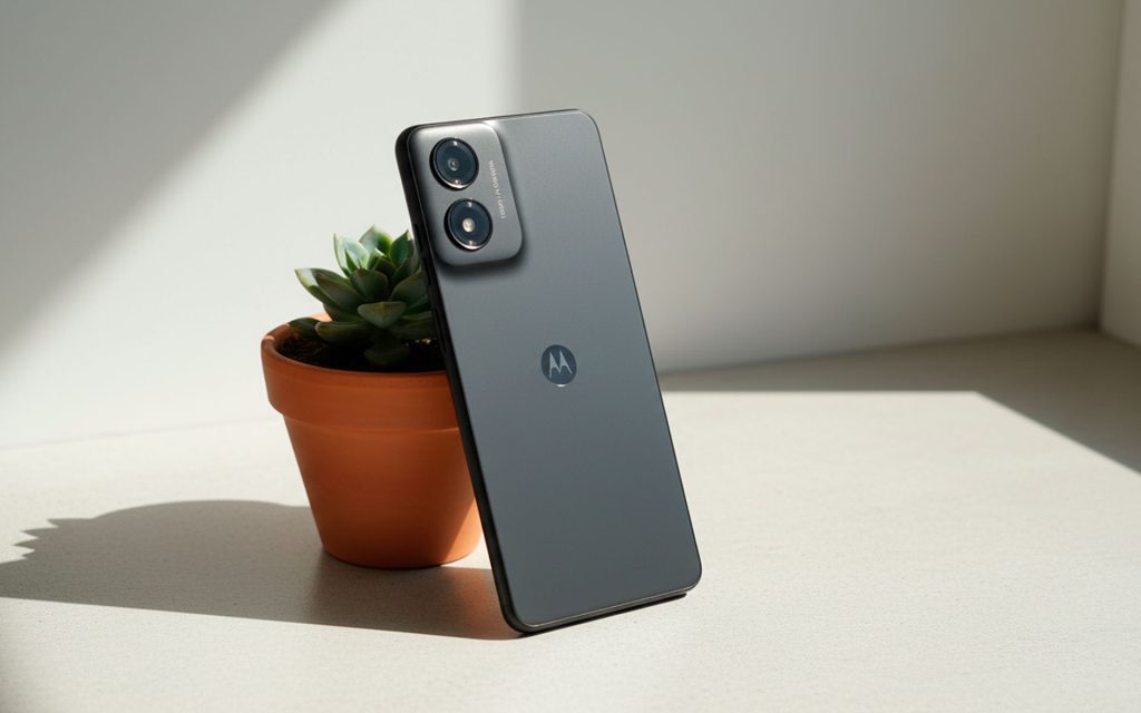 O Moto E14 tem uma cor verde pastel moderna e bateria excelente