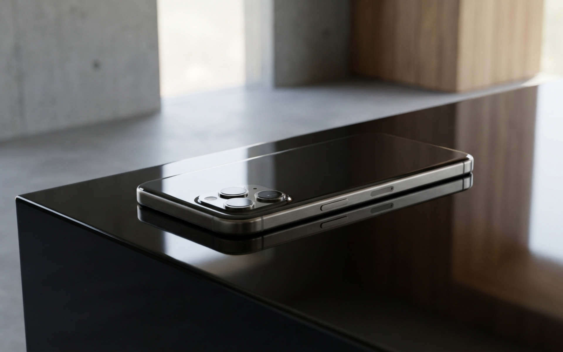 A sleek modern smartphone resting on a dark reflective surface, showcasing high-end industrial design and premium materials, no text, no letters