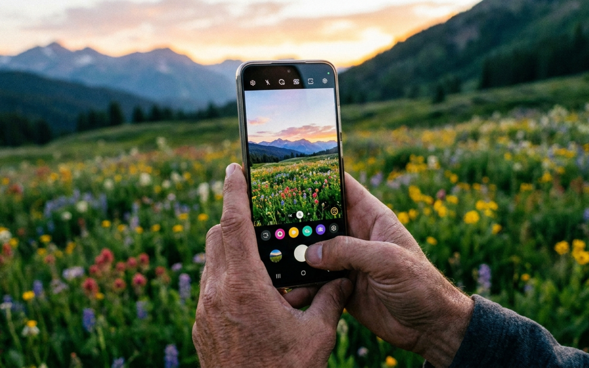Hands holding a modern smartphone capturing a vibrant outdoor scene, displaying colorful camera interface, no text, no letters