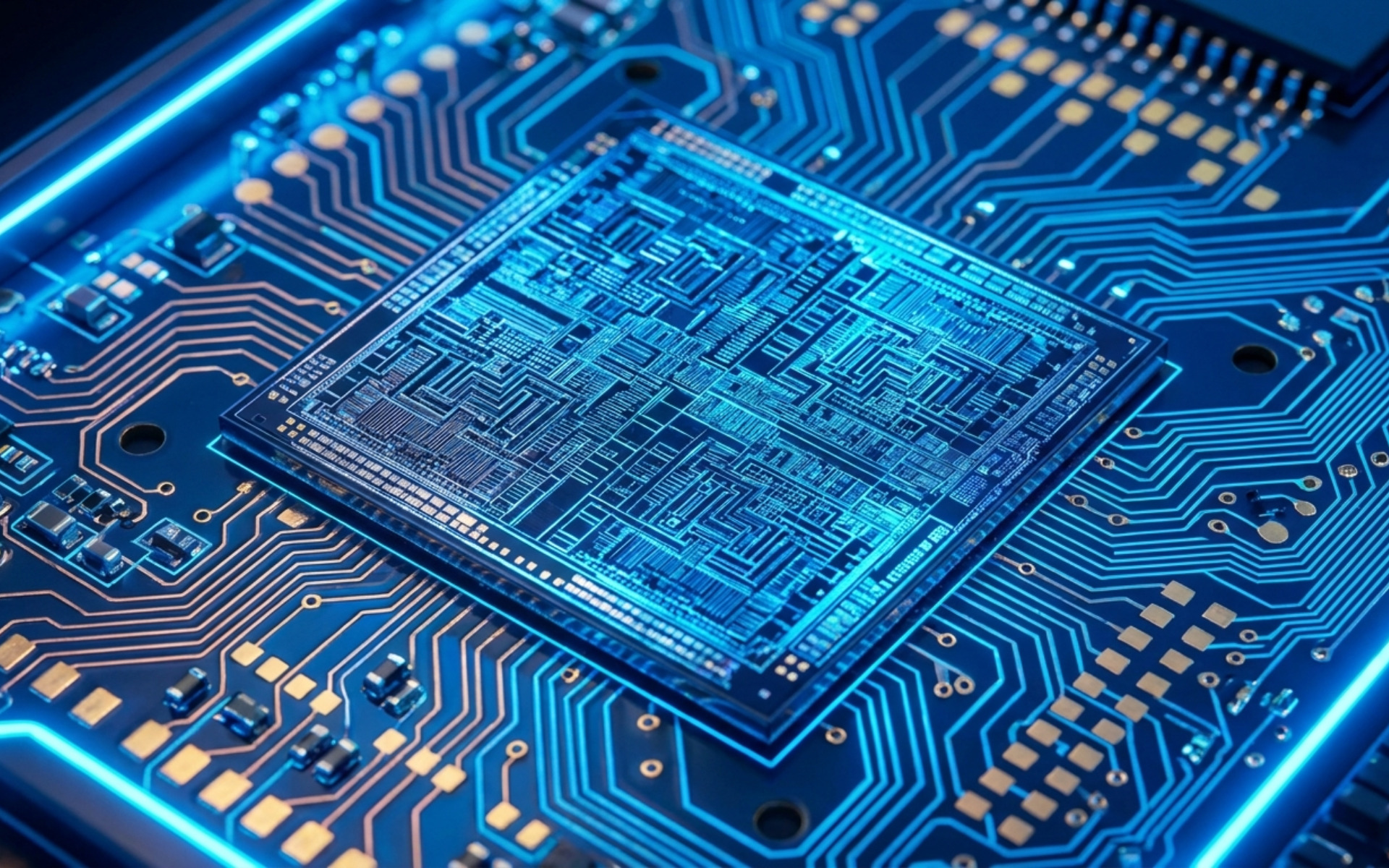 Close-up of a smartphone processor chip on a circuit board illuminated by futuristic blue neon light, no text, no letters
