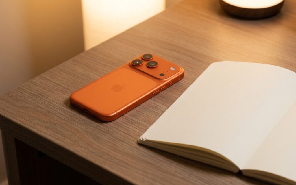 iPhone 17 Pro Max sobre uma bancada moderna com iluminaçao suave de fundo