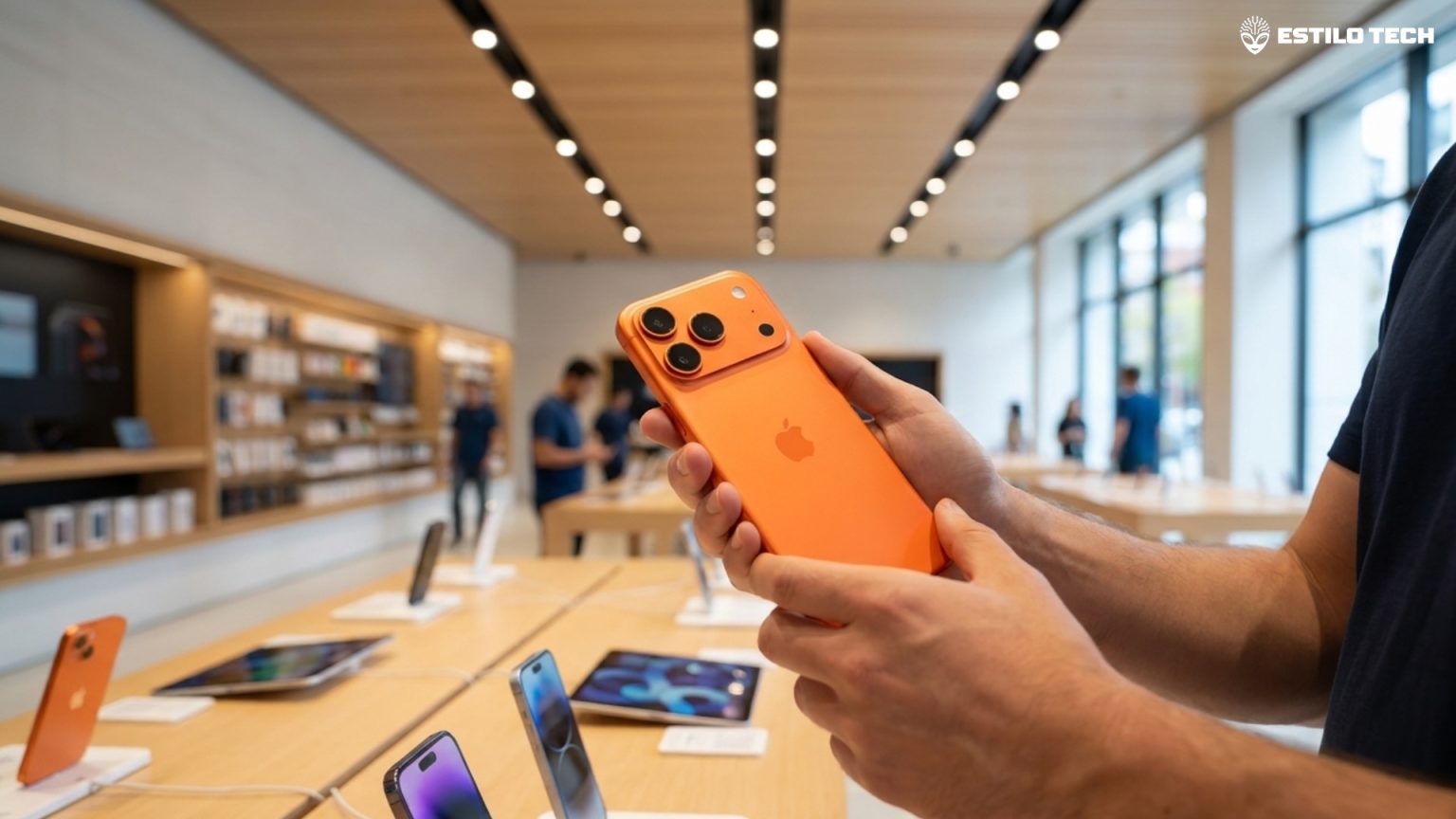 Apple Upgrade Program vale a pena? Entenda como funciona Pessoa segurando iPhone 17 Pro Max em uma loja iluminada ao lado de uma mesa de exibiçao