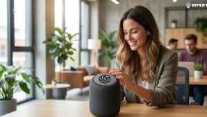 OpenAI confirma planos de lançar dispositivos próprios com IA Pessoa utilizando dispositivo de voz inteligente em um ambiente de escritório moderno com iluminação natural.