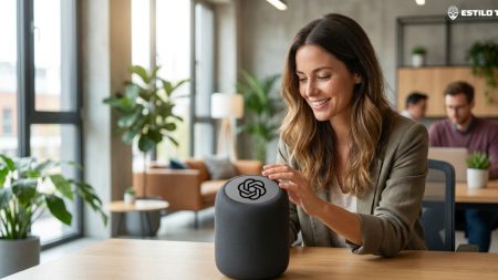 OpenAI confirma planos de lançar dispositivos próprios com IA Pessoa utilizando dispositivo de voz inteligente em um ambiente de escritório moderno com iluminação natural.