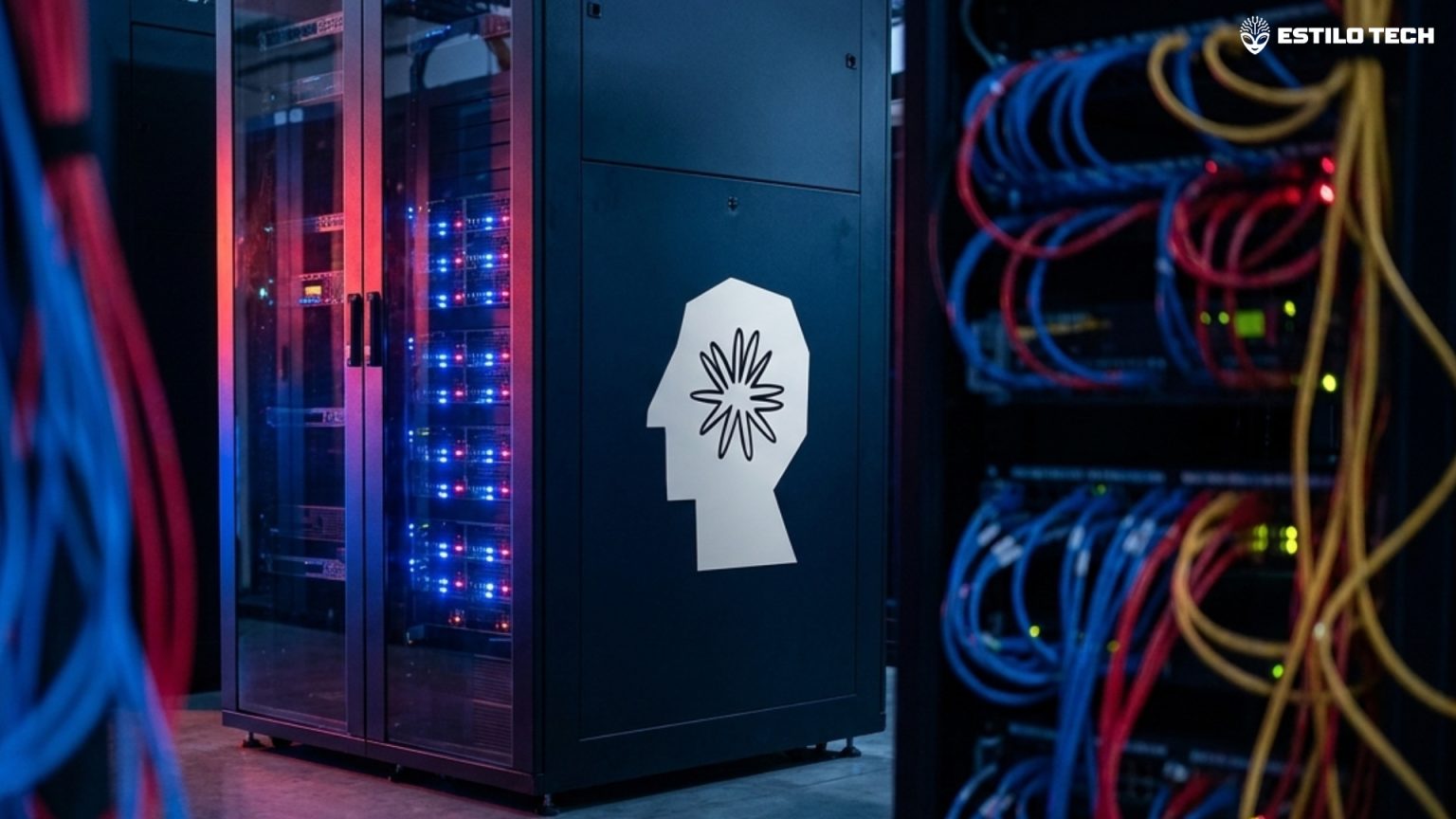 Claude invade três empresas em testes da Anthropic Um servidor em uma sala de dados escura iluminada por luzes LED azuis e vermelhas, foco suave no cabeamento de rede, enquadramento em plano médio