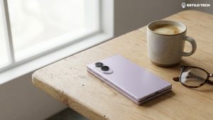 Galaxy Z Fold 8 impressiona com novo design “passaporte” Galaxy Z Fold 8 fechado sobre uma mesa de madeira clara