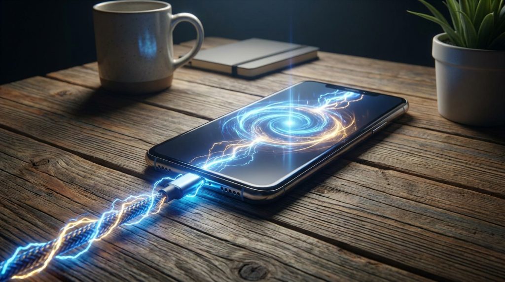 Galaxy S26 FE pode superar o Galaxy S26 em carregamento Smartphone moderno sobre uma mesa com cabo de carregamento rápido conectado e efeito visual de energia