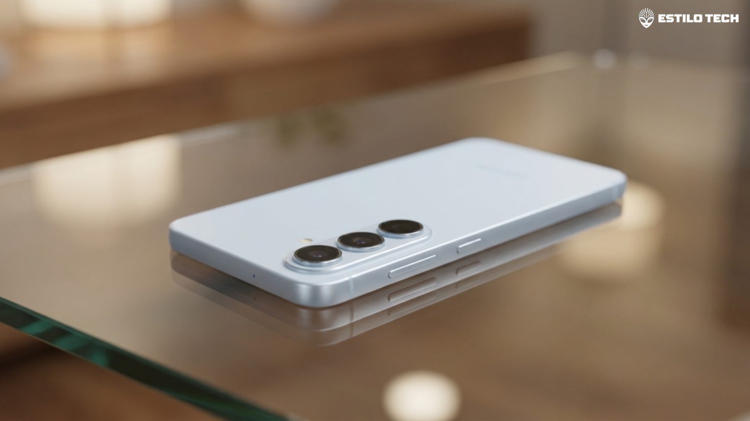 Galaxy S26 FE deve chegar mais caro que o antecessor Smartphone moderno repousando sobre mesa de vidro com iluminação suave de estúdio
