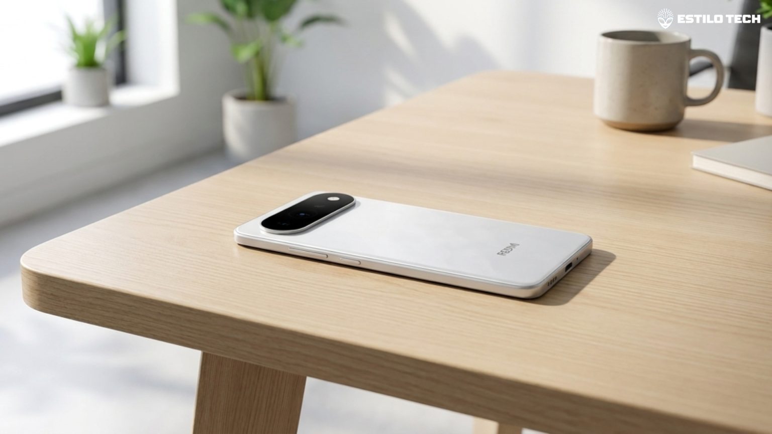 Redmi Turbo 6 Max: Vaza design com bateria de 10.000 mAh Smartphone moderno com tela grande sobre uma mesa de escritório minimalista com iluminação natural