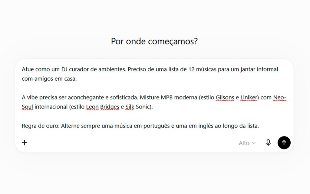 Exemplo de prompt para curadoria de música e playlists
