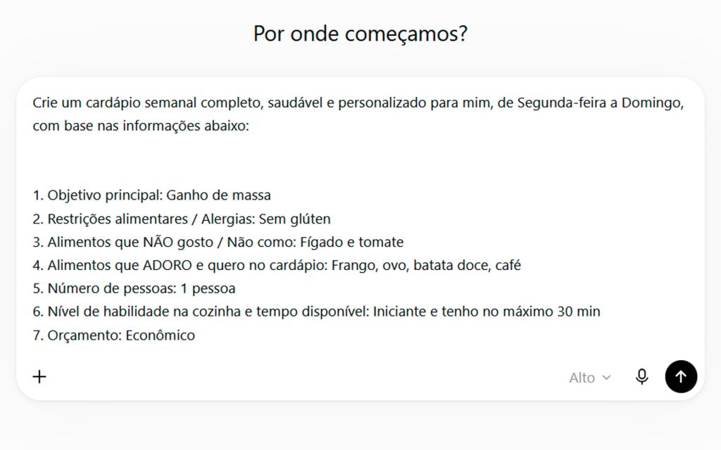 Exemplo de prompt para planejamento alimentar semanal
