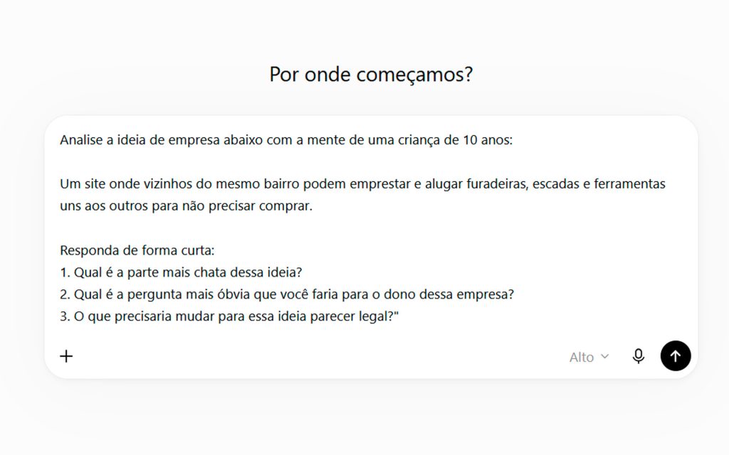 Exemplo de prompt para teste de ideias com a perspectiva de uma criança de 10 anos