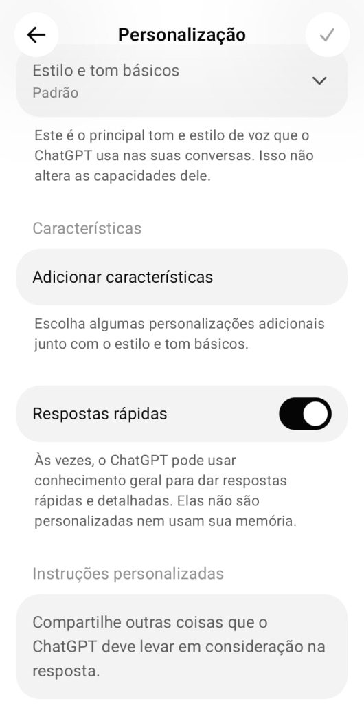 Tela de personalização de conta de usuário no ChatGPT