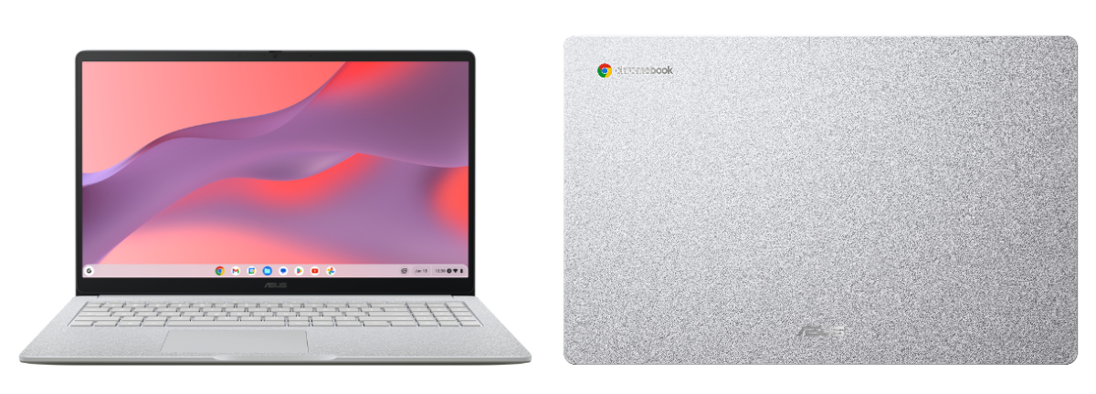 Asus Chromebook CX15 exibindo a parte frontal e a tampa traseira cinza