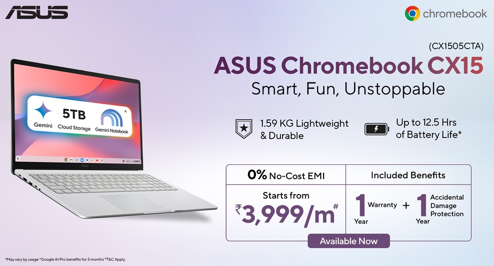 Asus Chromebook CX15 em peça publicitária destacando recursos e valores de lançamento