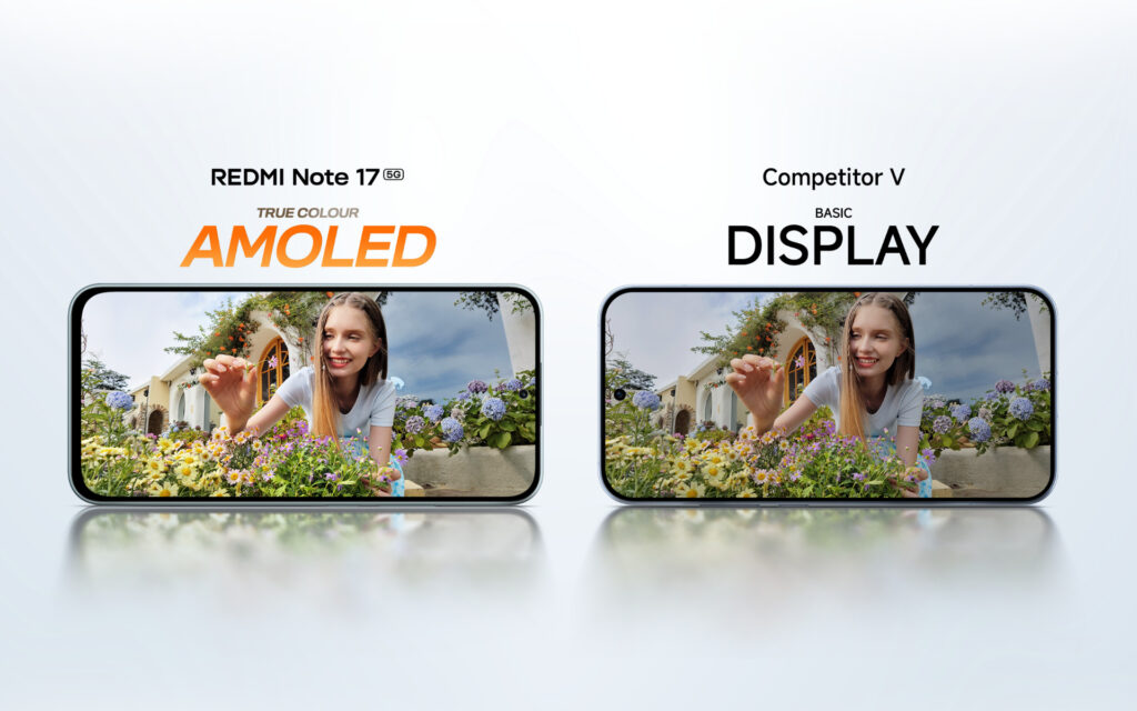 Dois smartphones lado a lado exibindo imagens coloridas em suas telas frontais