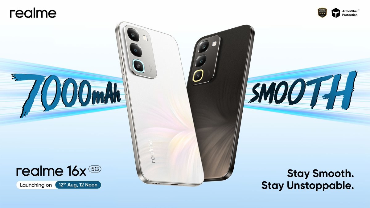 Dois smartphones Realme 16x 5G exibem os painéis traseiros com módulos de câmeras verticais