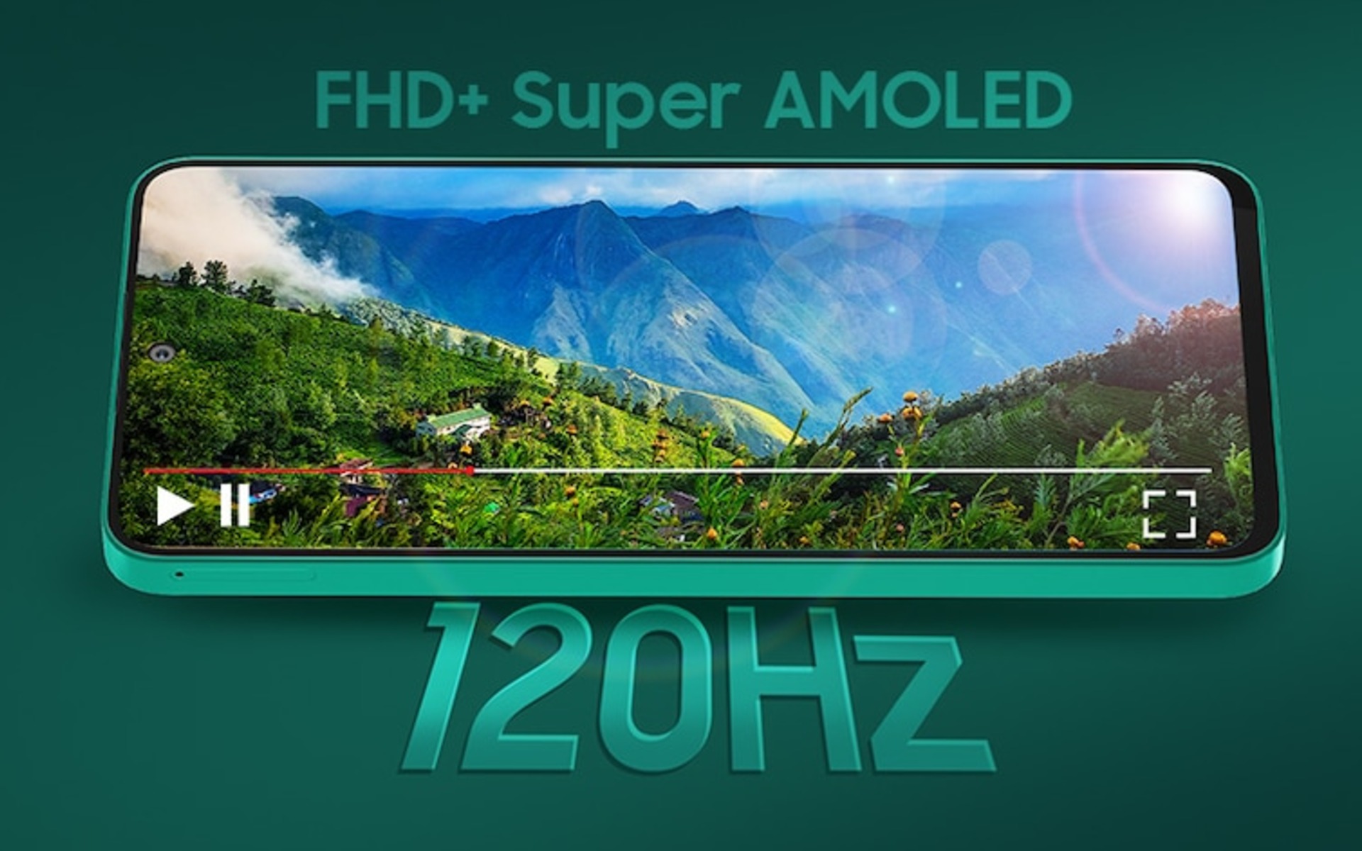 Galaxy F70 Pro exibindo imagem paisagística em sua tela Super AMOLED