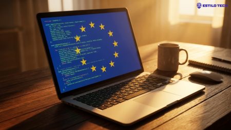 UE lança novas regras de transparência para IA Um notebook aberto exibindo linhas de código em uma mesa de trabalho de madeira escura com iluminação lateral em tons quentes