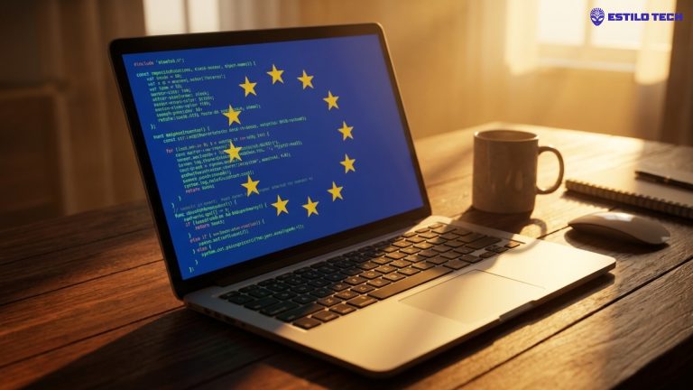 Um notebook aberto exibindo linhas de código em uma mesa de trabalho de madeira escura com iluminação lateral em tons quentes