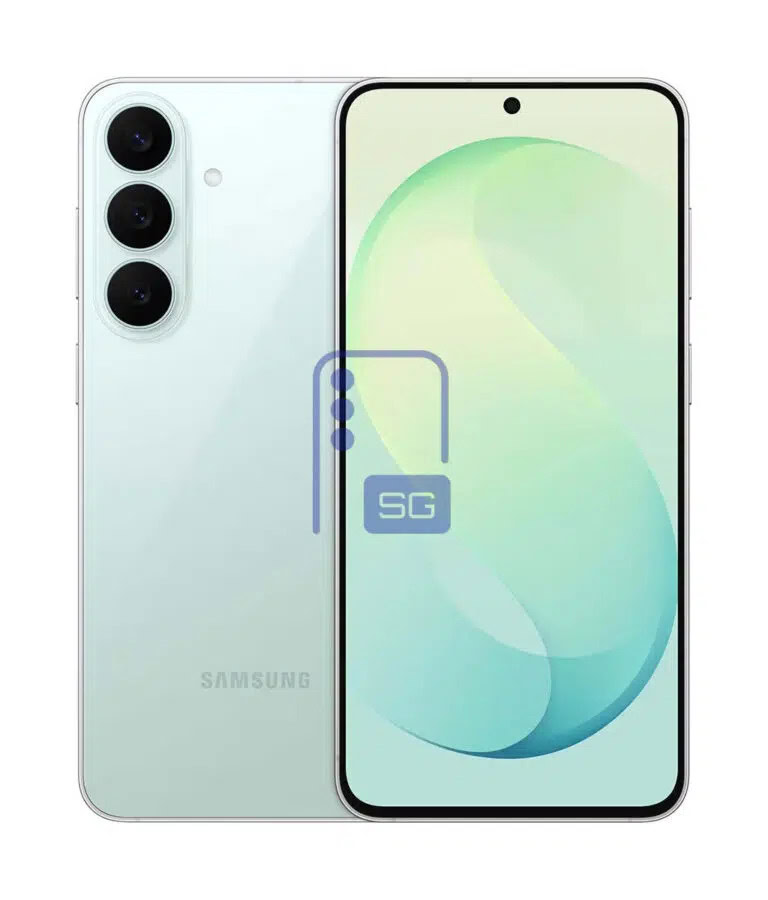 Samsung Galaxy S26 FE na cor verde-claro exibido de frente e de costas