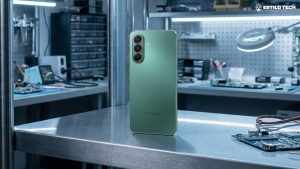 Smartphone moderno apoiado sobre uma prateleira de metal escovado em uma oficina de eletrônicos iluminada por luz de LED fria, enquadramento plano médio, paleta de cores em tons de cinza e azul