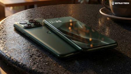 Motorola Edge 70 Neo vaza em quatro cores Smartphone moderno apoiado sobre uma superfície de cerâmica escura em um café aconchegante com iluminação lateral quente de entardecer, enquadramento em close-up