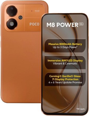 Smartphone Poco M8 Power exibindo a tela frontal e a tampa traseira laranja