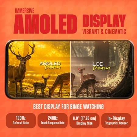 Smartphone Poco M8 Power exibindo a tela AMOLED com imagem de cervos na floresta