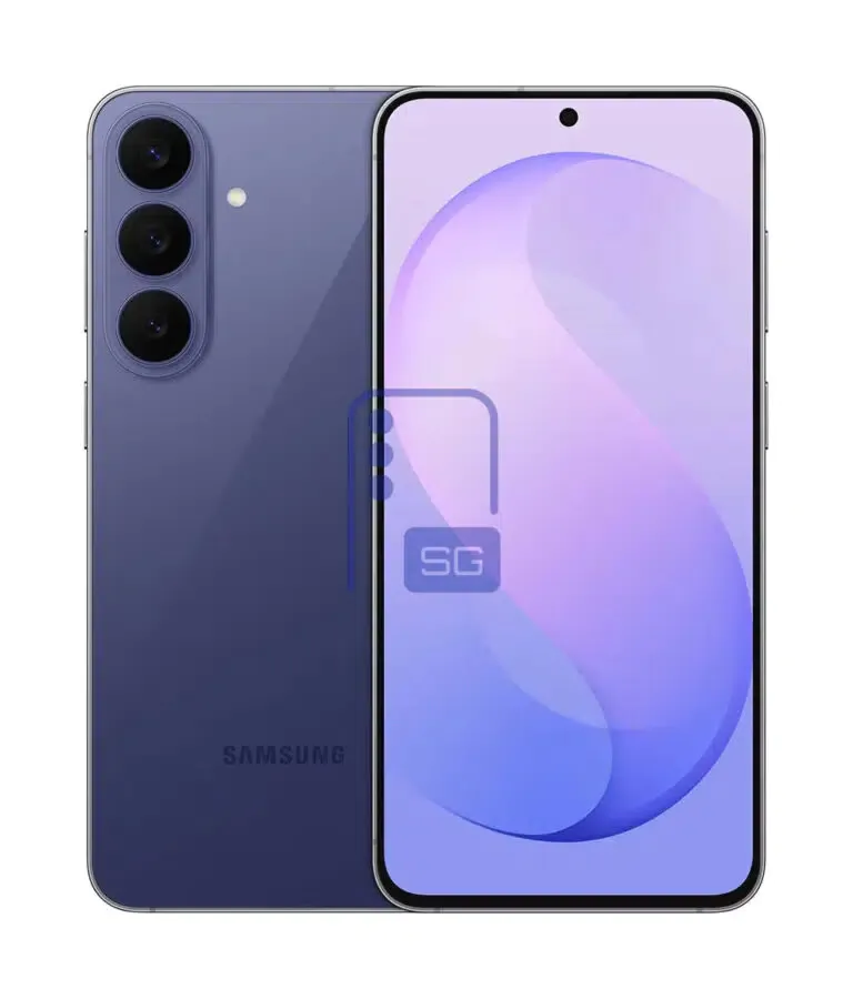 Smartphone Samsung Galaxy S26 FE na cor Blueberry exibido de frente e de costas