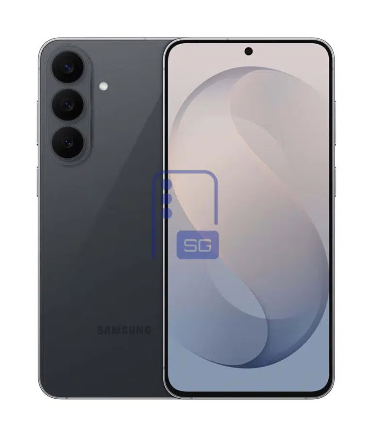 Smartphone Samsung Galaxy S26 FE na cor Graphite exibido de frente e de costas