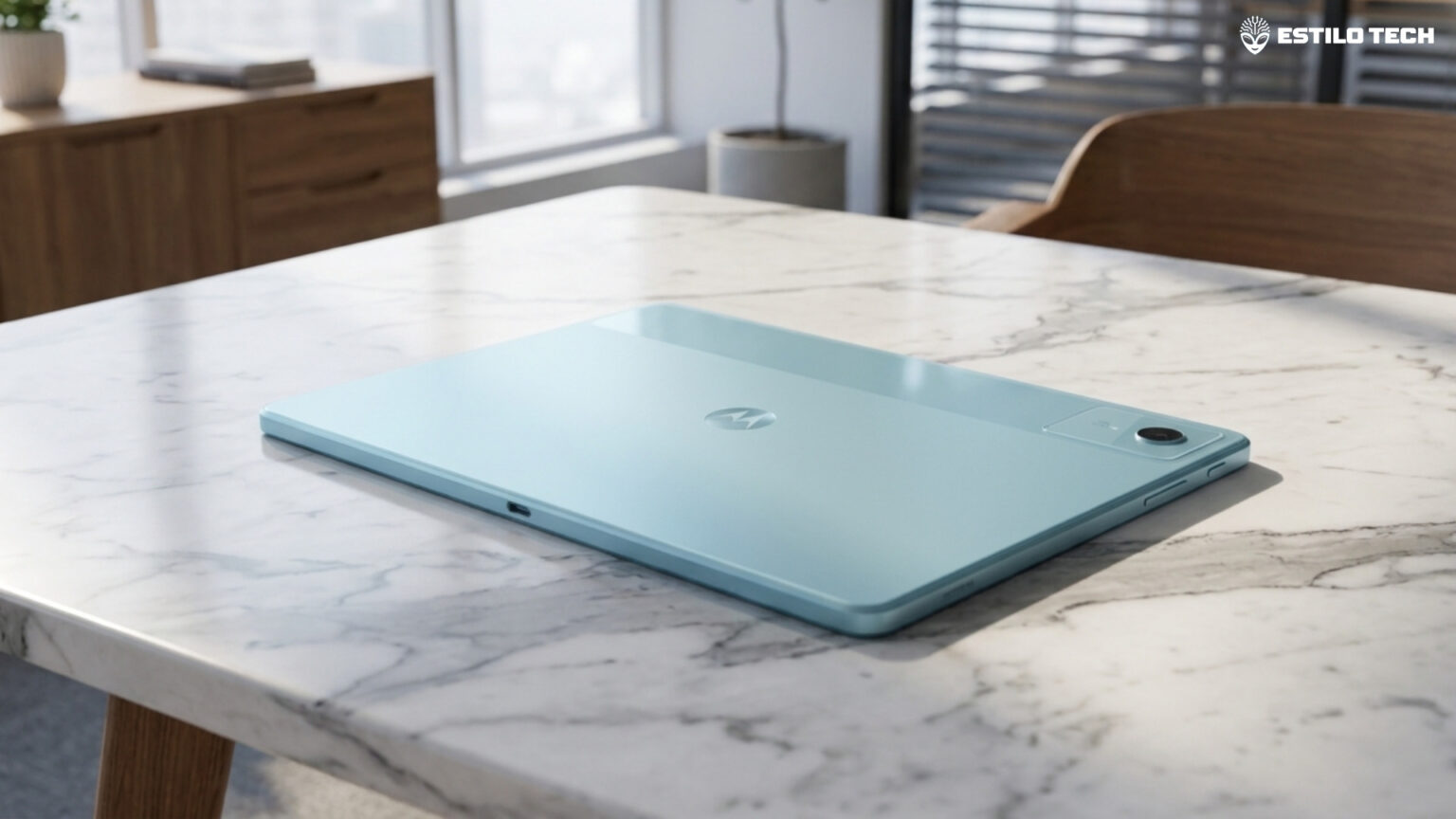Moto Pad 70 chega com tela de 12 polegadas e 5G Tablet moderno posicionado na diagonal sobre uma mesa de mármore branco em um escritório iluminado por luz difusa de janela, enquadramento plano médio