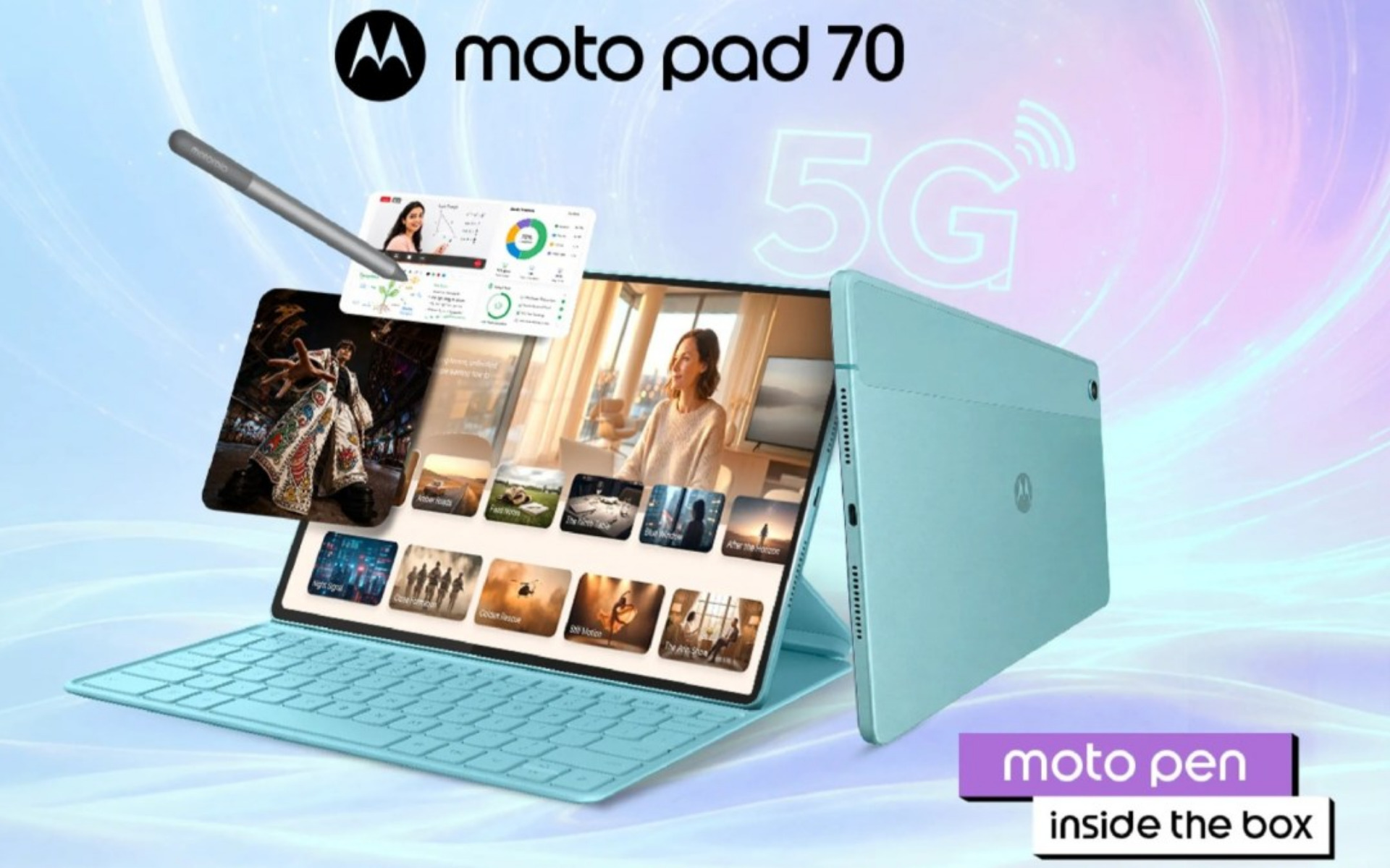 Tablet Moto Pad 70 acompanhado de capa com teclado e caneta stylus stylus